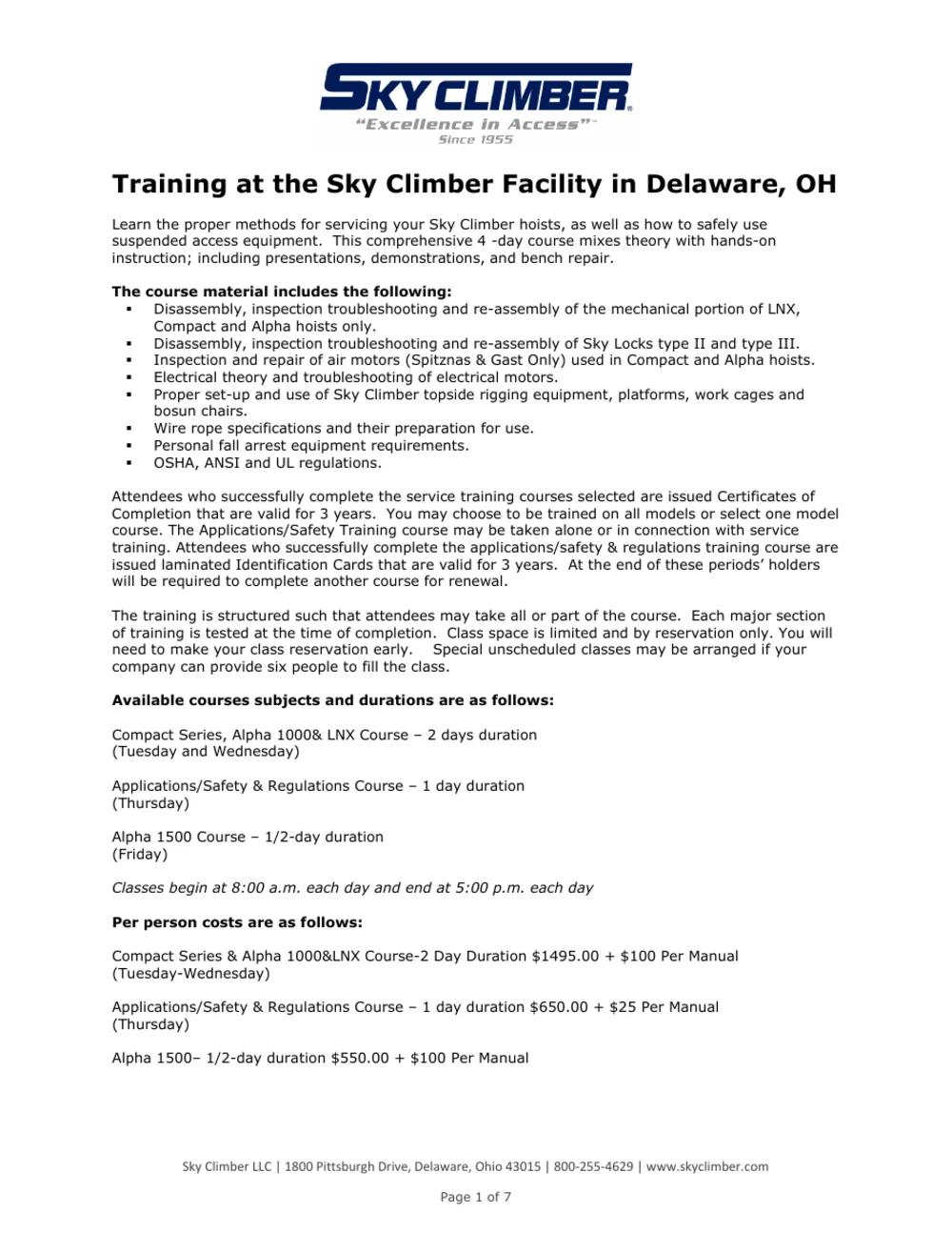2026 Sky Climber Facility Training, page 1