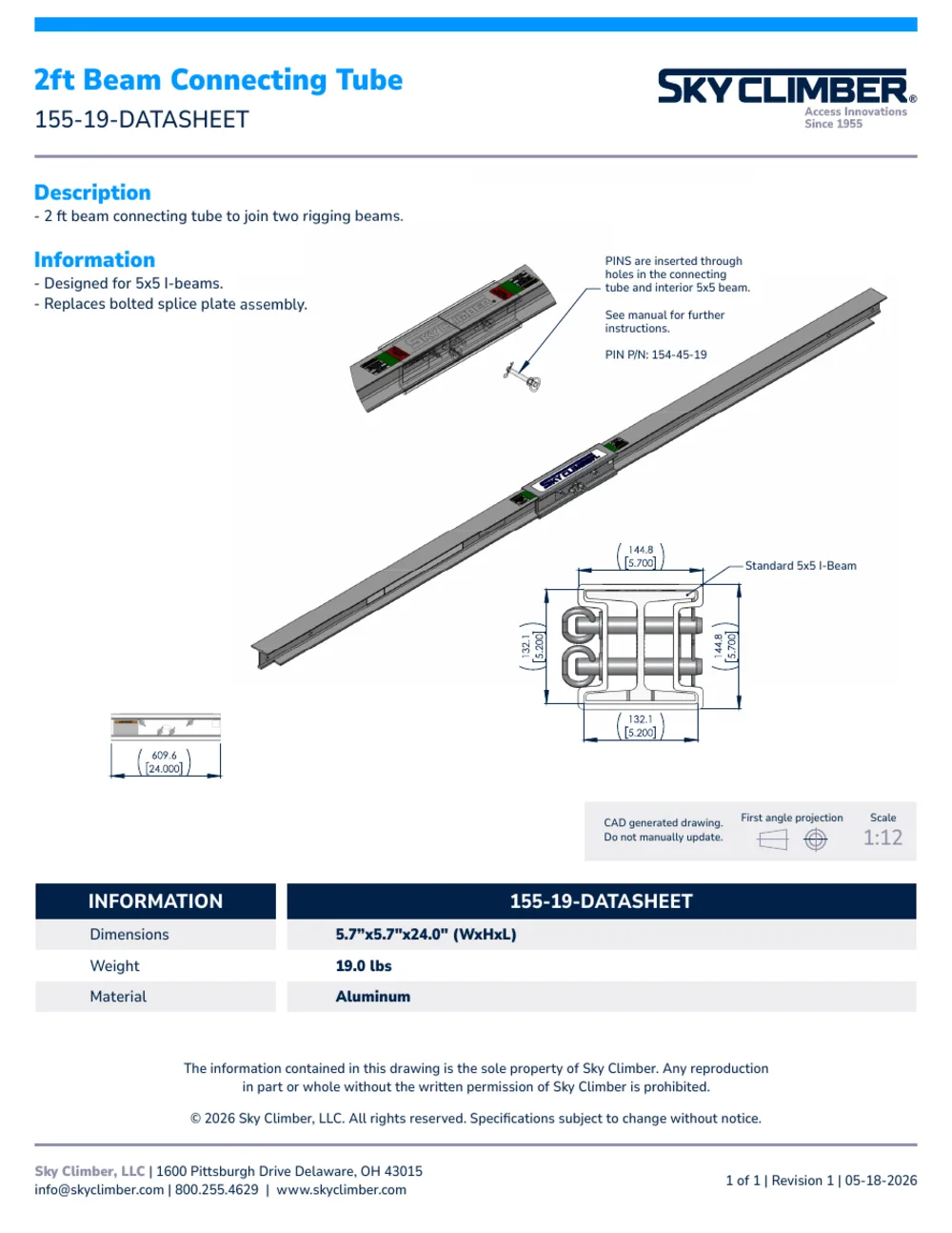 2ft Connecting Tube 155-19 datasheet, page 1