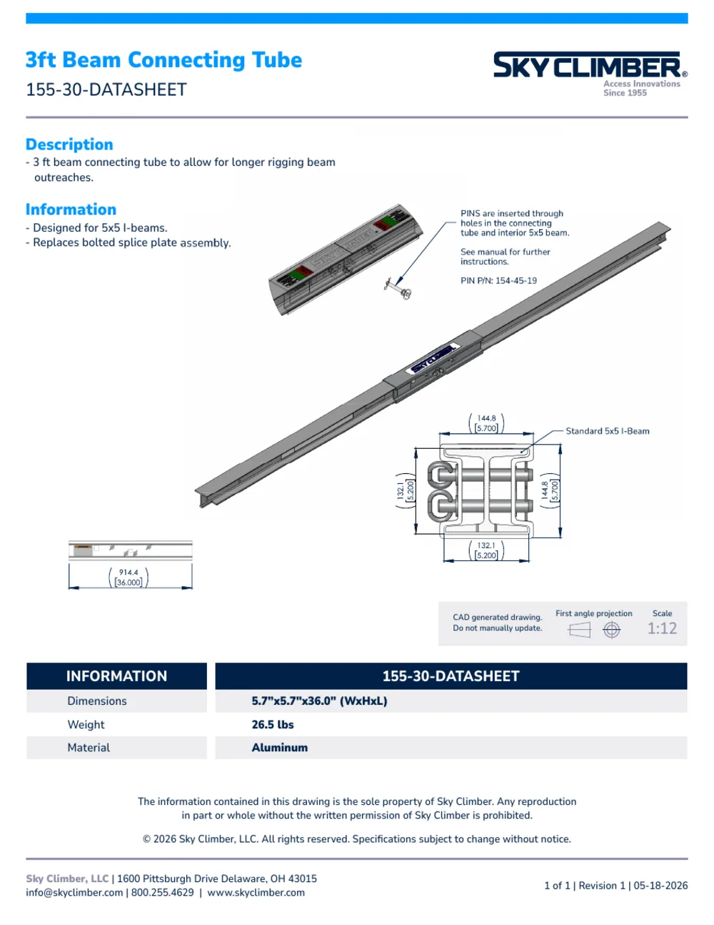 3ft Connecting Tube 155-30 datasheet, page 1