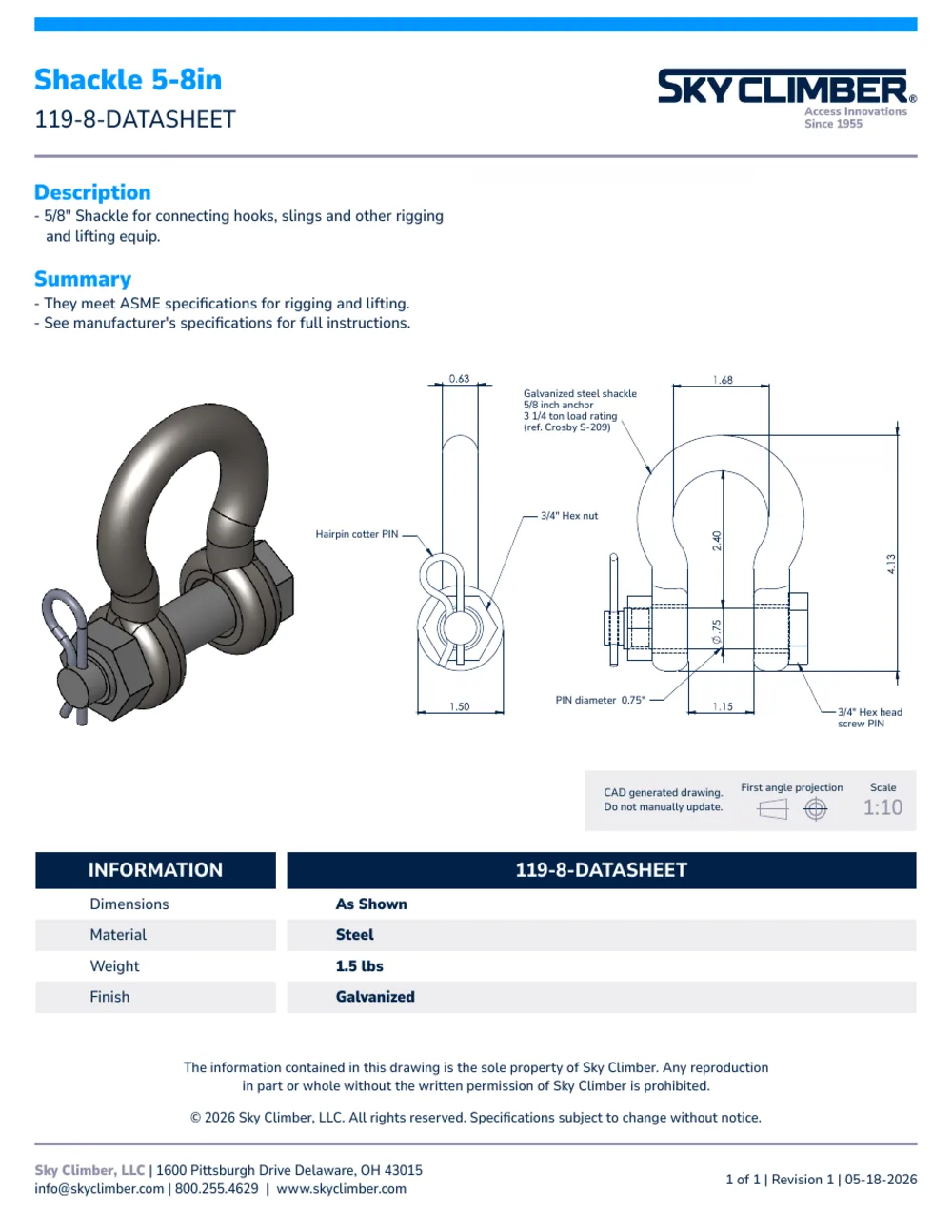 5/8 IN Shackle 119-8 datasheet, page 1