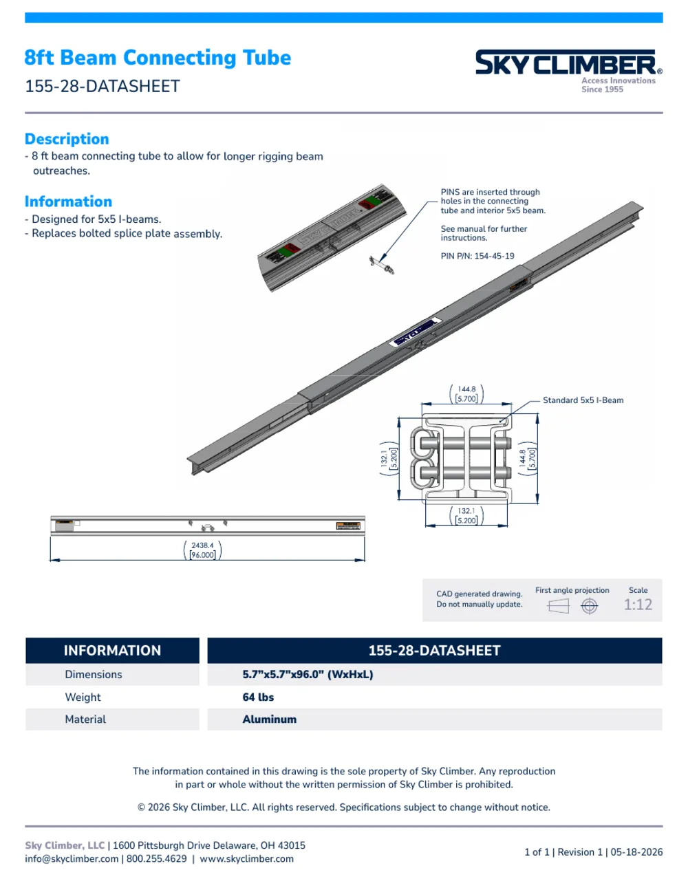 8ft Connecting Tube 155-28 datasheet, page 1