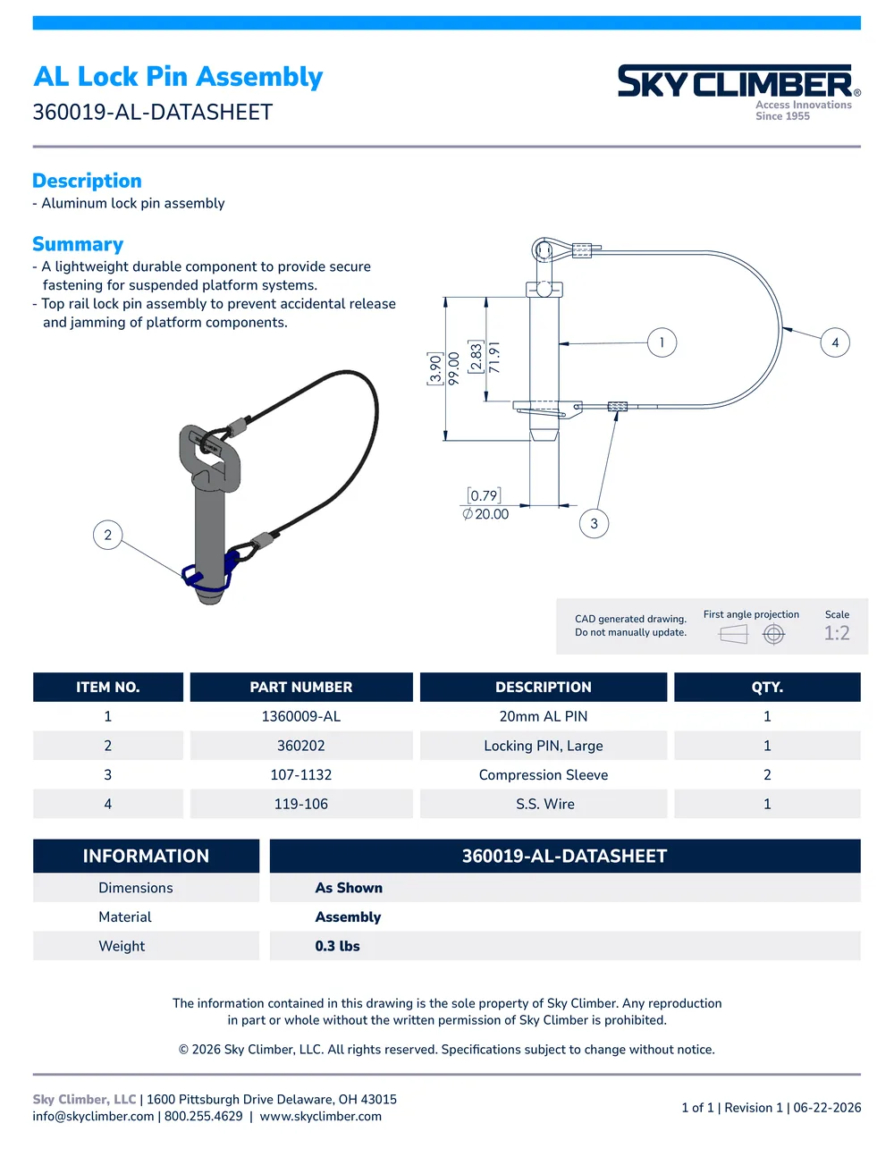 Aluminum Lock Pin Assembly 360019-AL datasheet, page 1