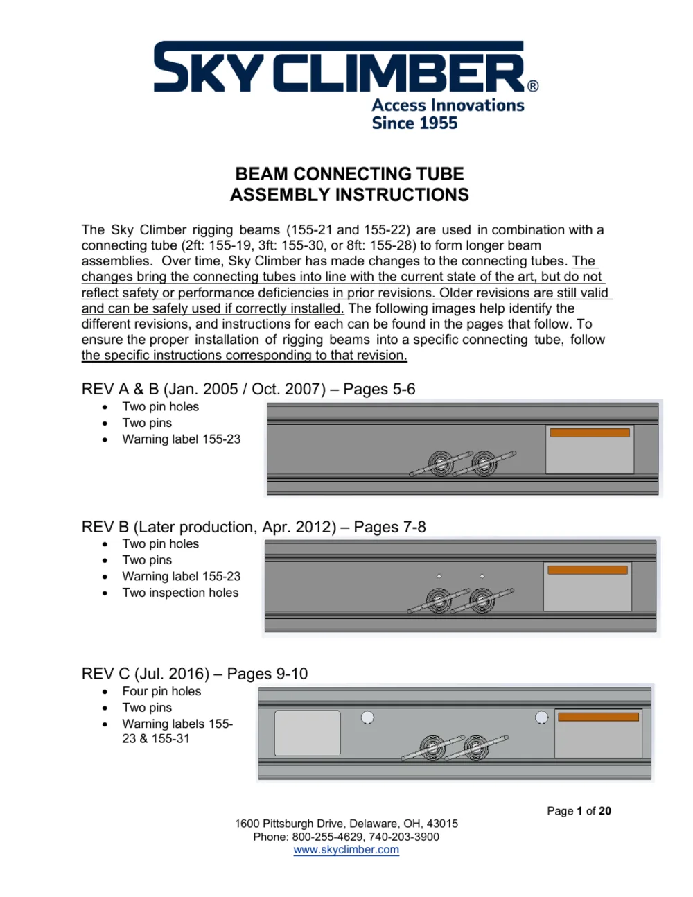 Beam Connecting Tube Installation Instructions, page 1