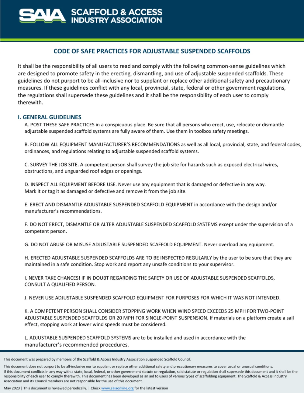Code of Safe Practices for Suspended Scaffolds ENG, page 1