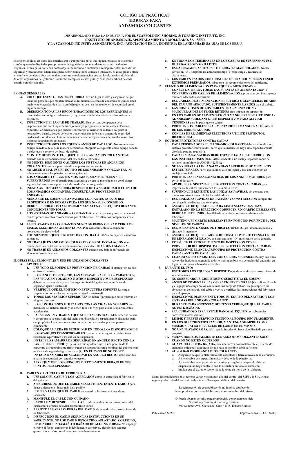 Code of Safe Practices for Suspended Scaffolds ESP, page 1