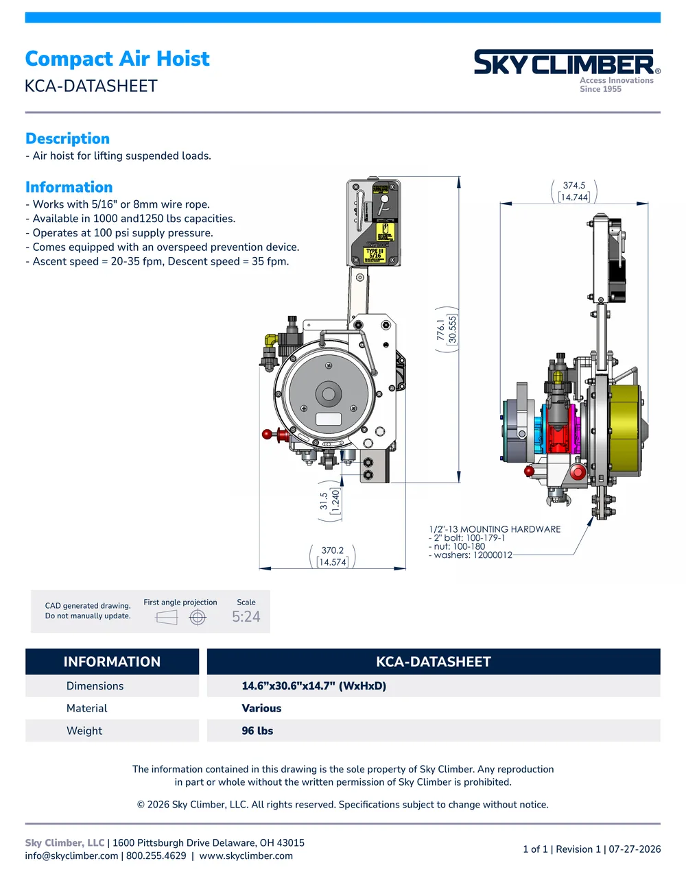Compact Air Hoist KCA datasheet, page 1