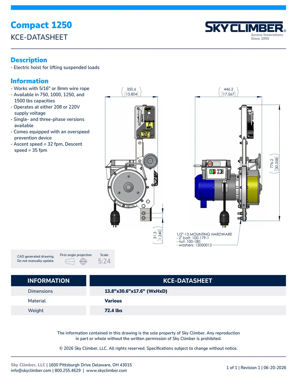 Compact Electric Hoist KCE datasheet, page 1
