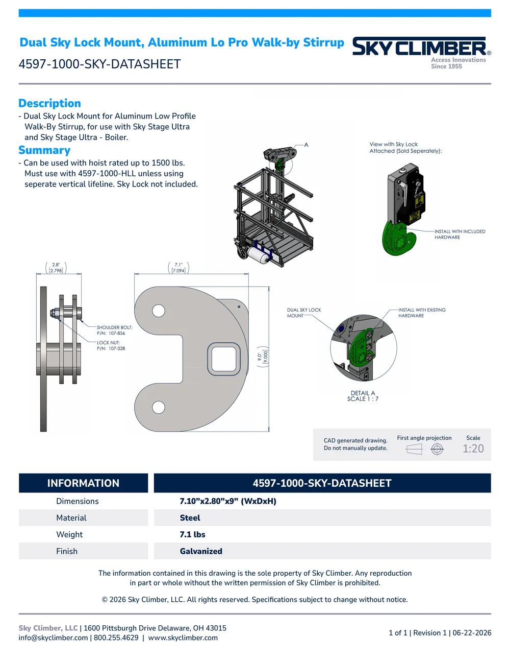 Dual Sky Lock Mount Aluminum Lo Pro Walk-By Stirrup 4597-1000-SKY datasheet, page 1