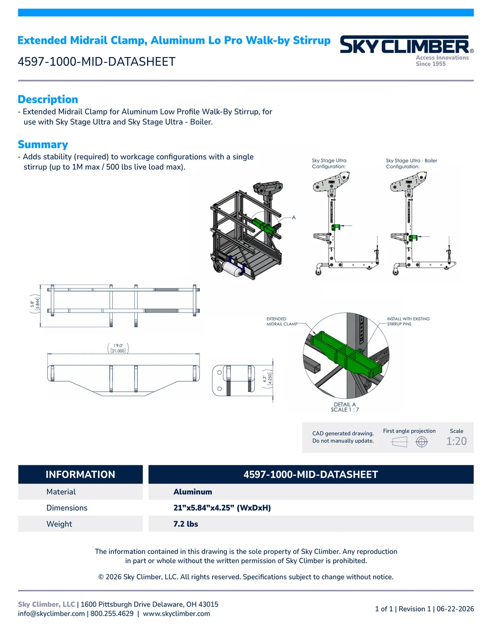 Extended Midrail Clamp Aluminum Lo Pro Walk-By Stirrup 4597-1000-MID datasheet, page 1