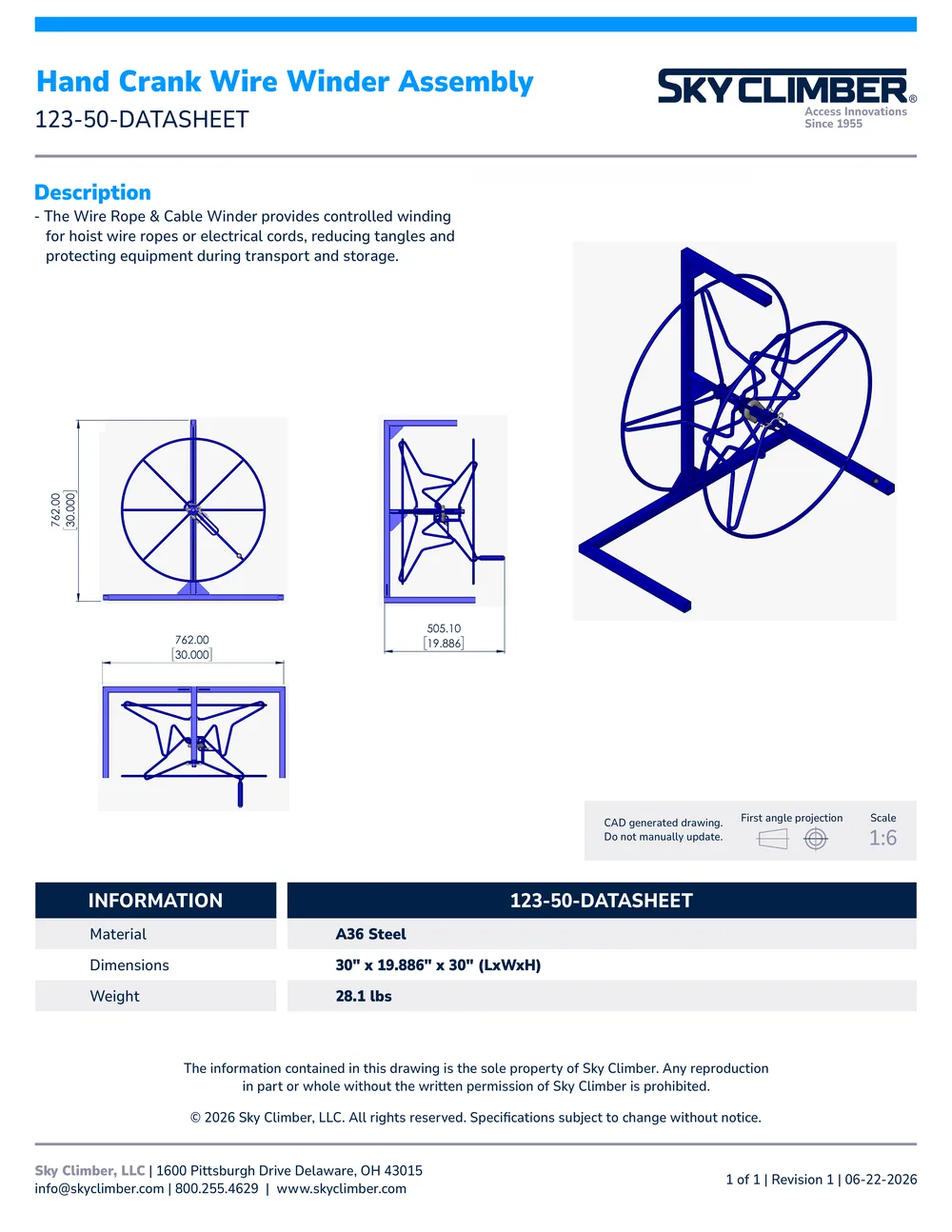 Hand Crank Wire & Cable Winder 123-50 datasheet, page 1