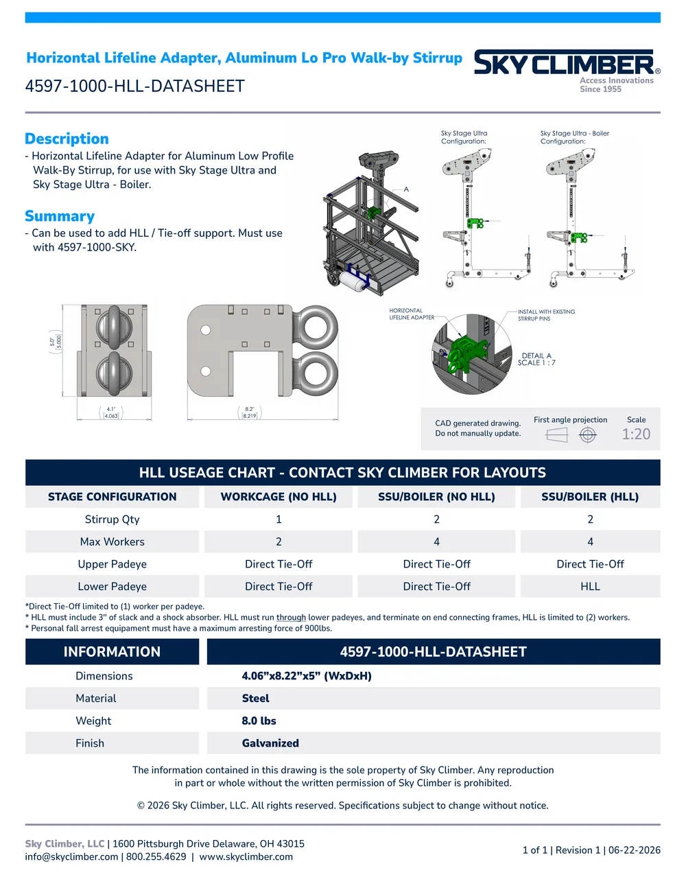 Horizontal Lifeline Adapter Aluminum Lo Pro Walk-By Stirrup 4597-1000-HLL datasheet, page 1