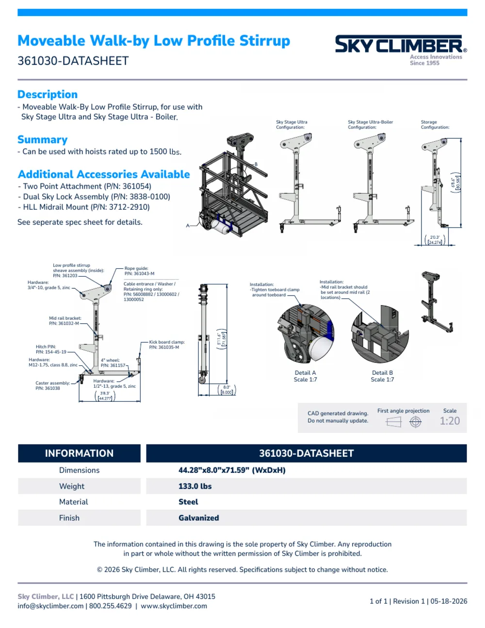 Moveable Walk-by Low Profile Stirrup 361030 datasheet, page 1
