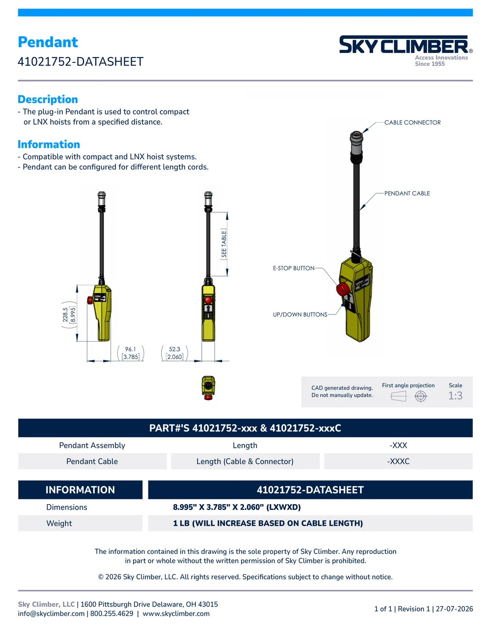 Pendant 41021752 datasheet, page 1