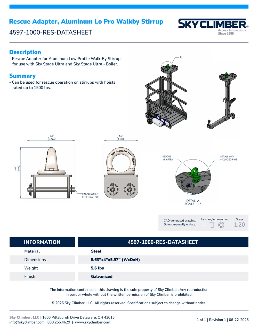 Rescue Adapter Aluminum Lo Pro Walk-By Stirrup 4597-1000-RES datasheet, page 1