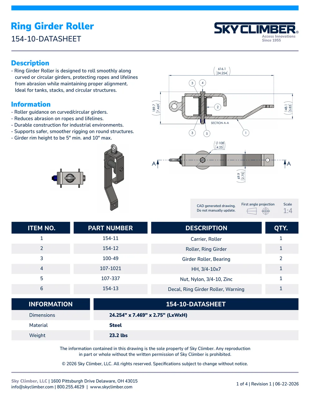 Ring Girder Roller 154-10 datasheet, page 1