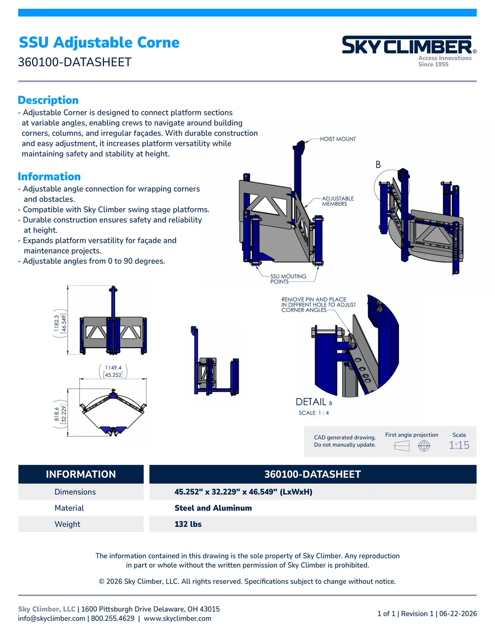 SSU Adjustable Corner 360100 datasheet, page 1