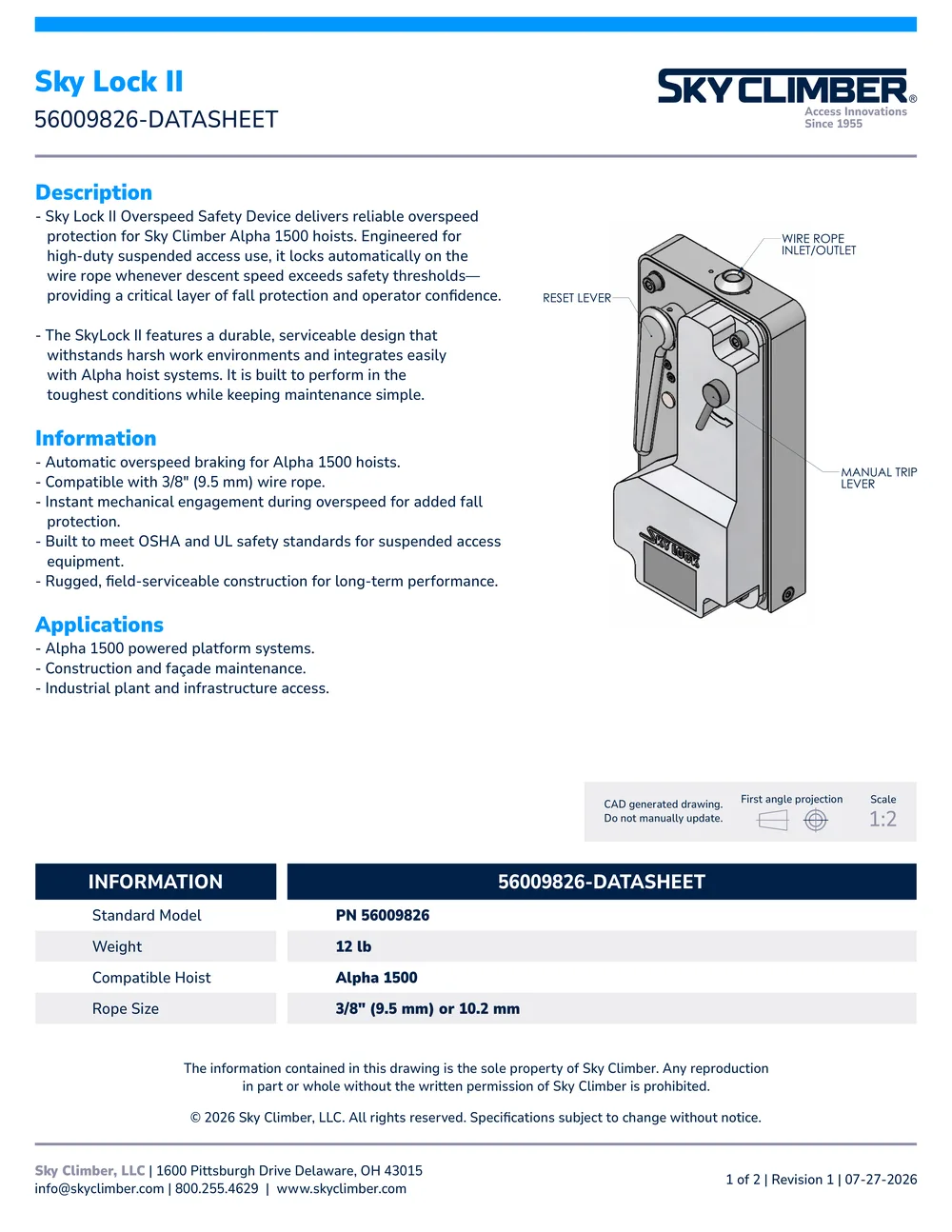 Sky Lock II 56009826 datasheet, page 1