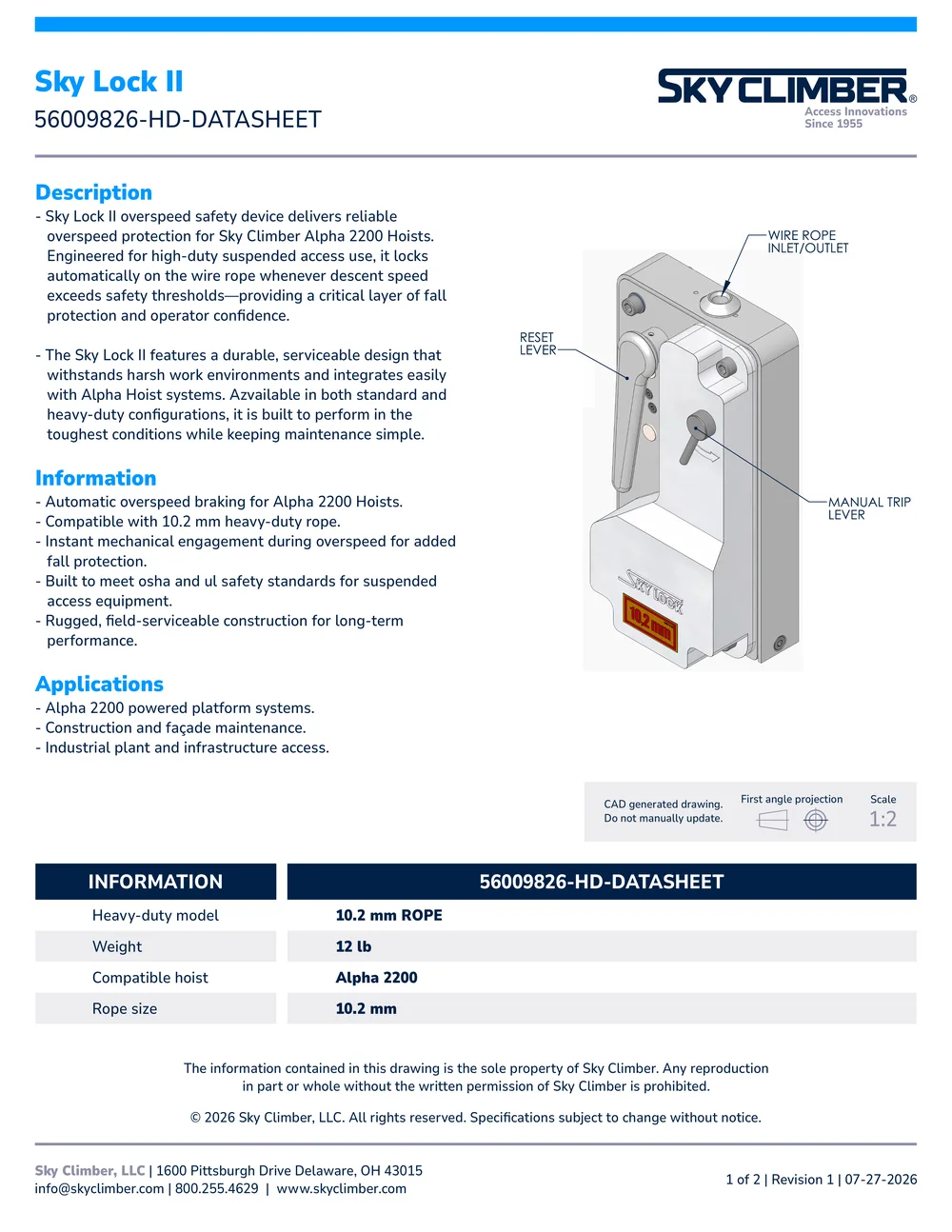 Sky Lock II Heavy Duty 56009826-HD datasheet, page 1