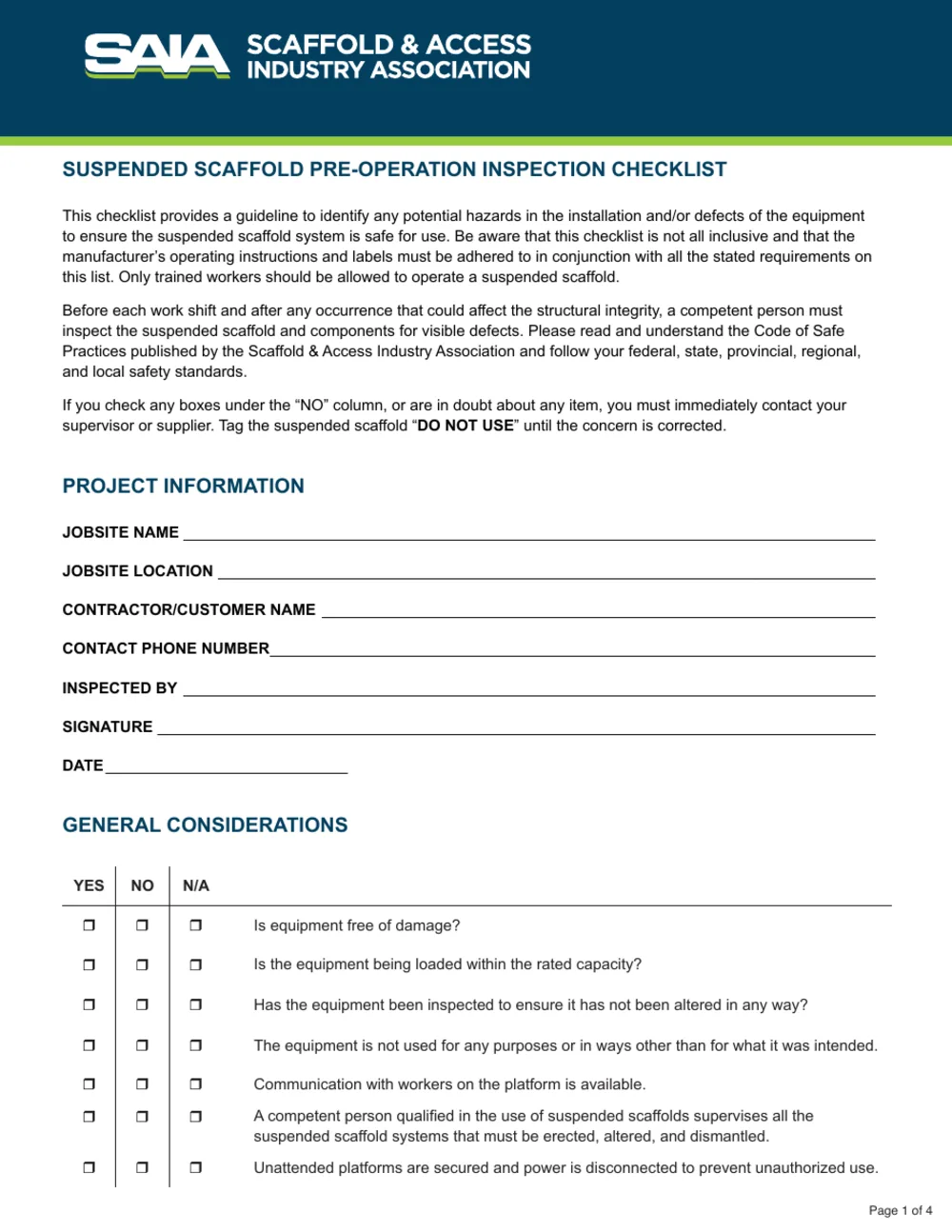 Suspended Scaffold Pre-Operation Checklist, page 1