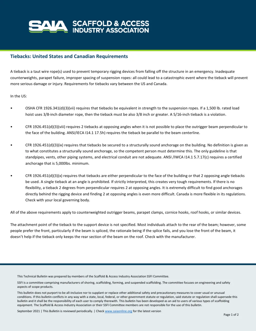 Tiebacks - United States and Canada Requirements, page 1
