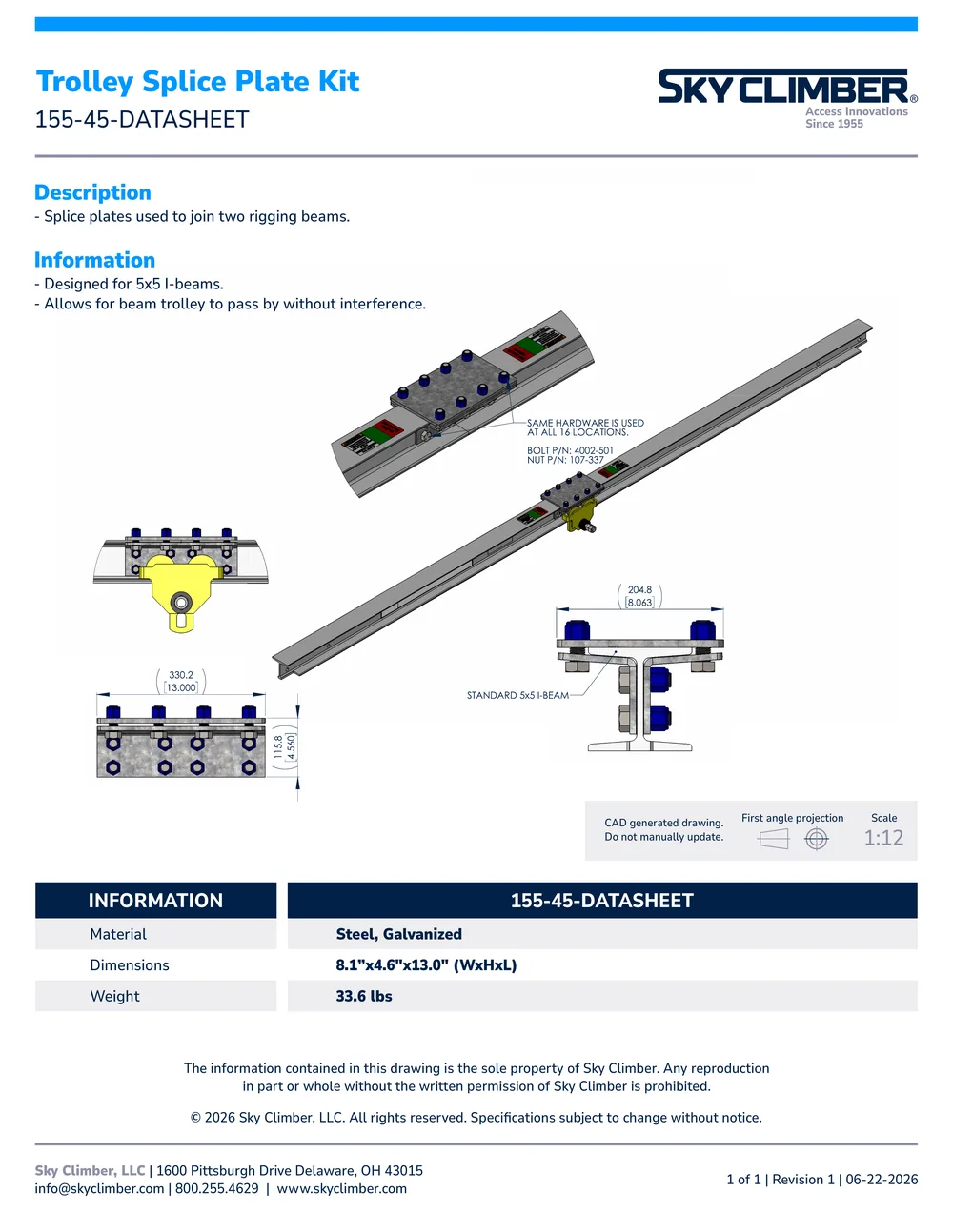 Trolley Splice Plate Kit 155-45 datasheet, page 1
