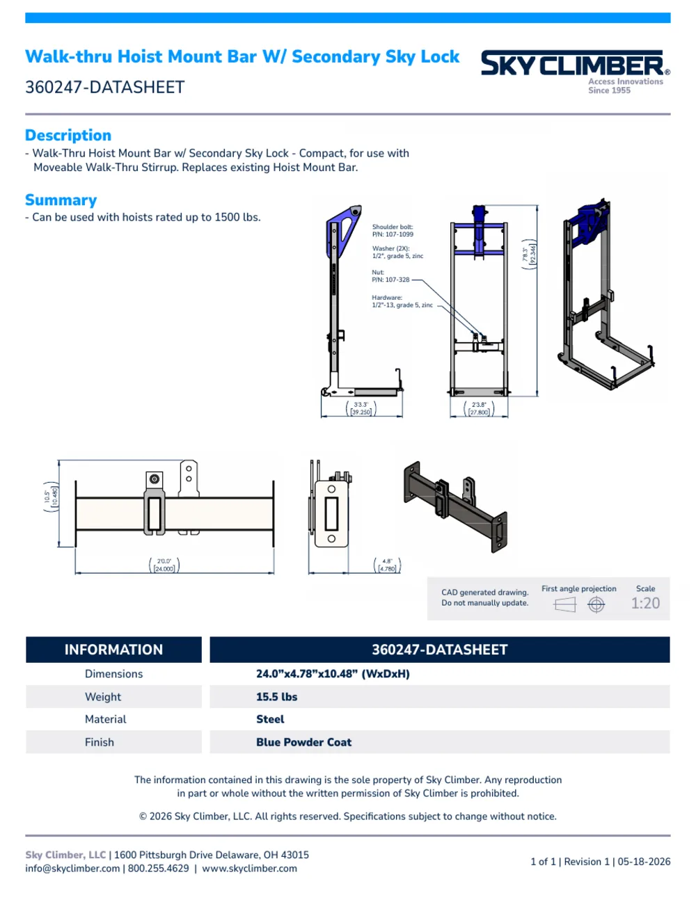 Walk Thru Hoist Mount Bar for Second Sky Lock 360247 datasheet, page 1